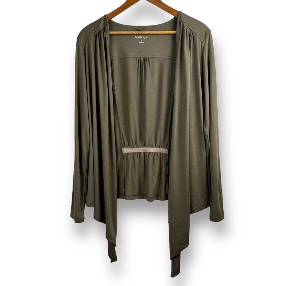 North Style Women's Size M Open Front Cardigan Army Green Waterfall Sweater‎
